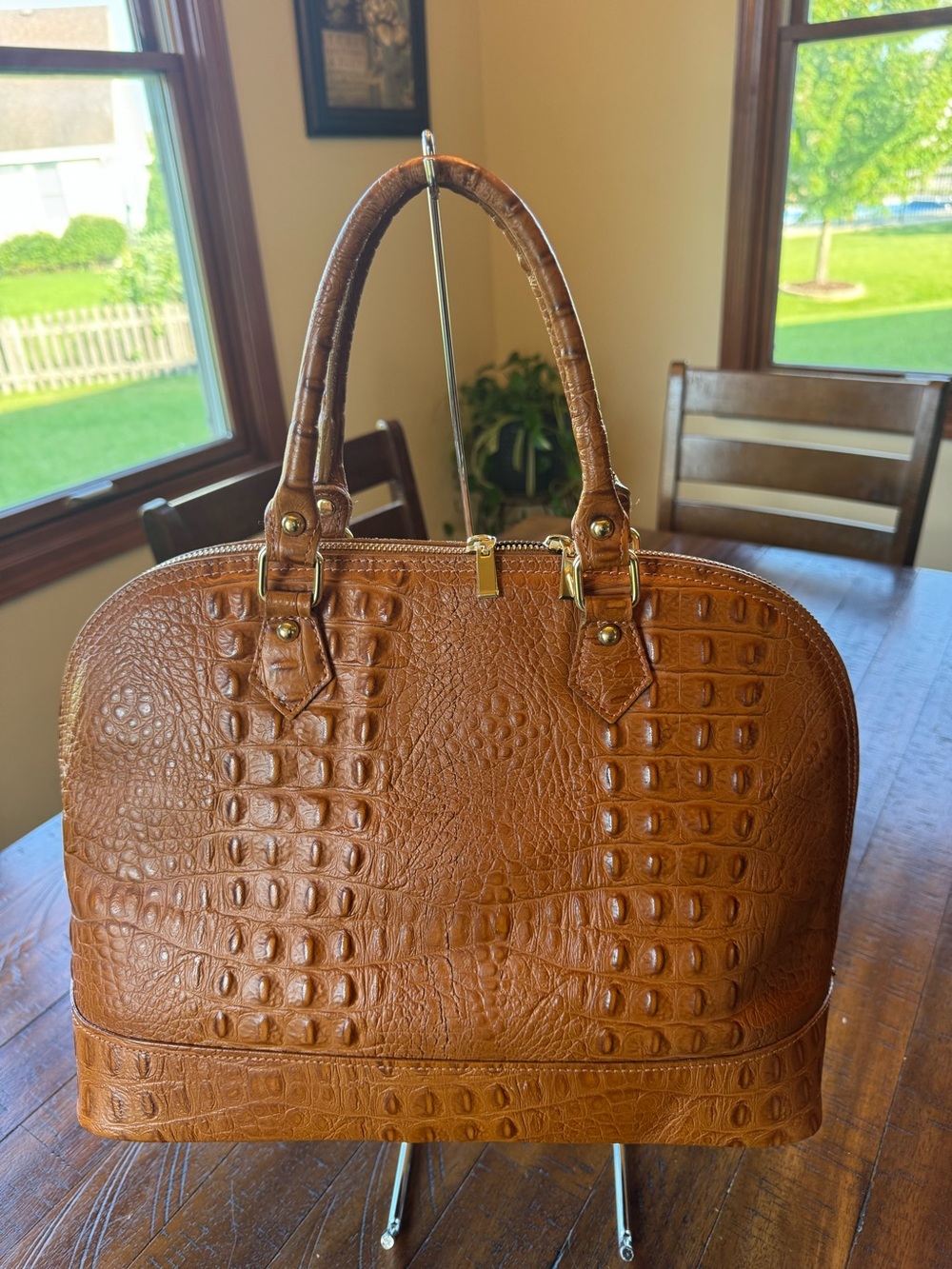 Pelle Moda Brown Croc-Embossed Satchel with Gold Hardware